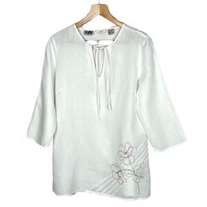 EDWARD Irish Linen White Embroidered Top Blouse Tunic 3/4 Sleeves Tie Neck sz S